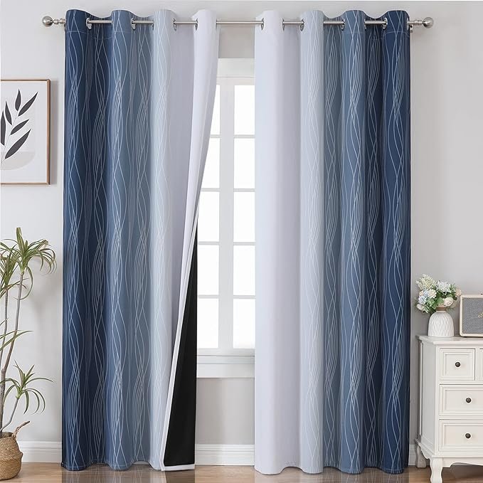 Estelar Textiler Navy Blue and Greyish White Blackout Curtains