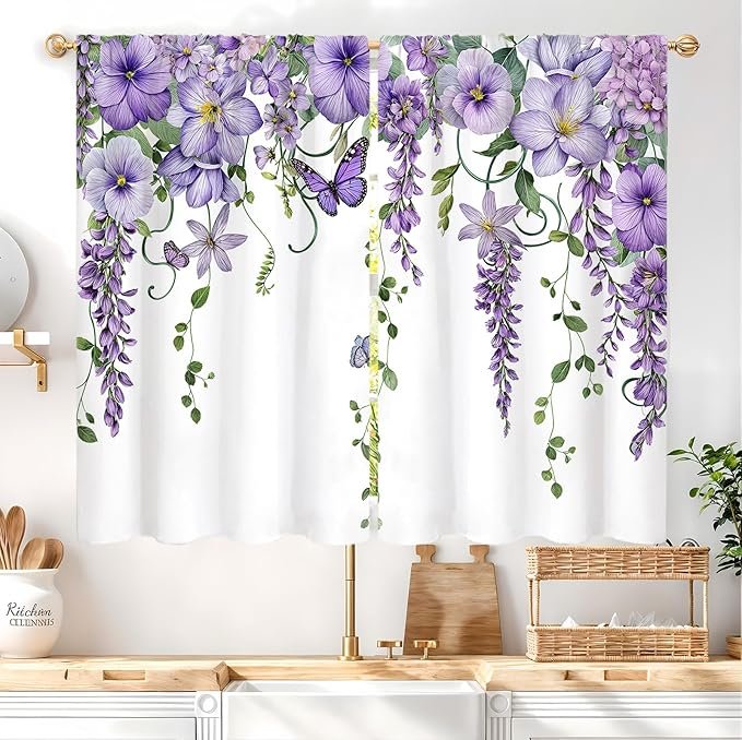 Purple Floral Butterfly Lavender Kitchen Curtains