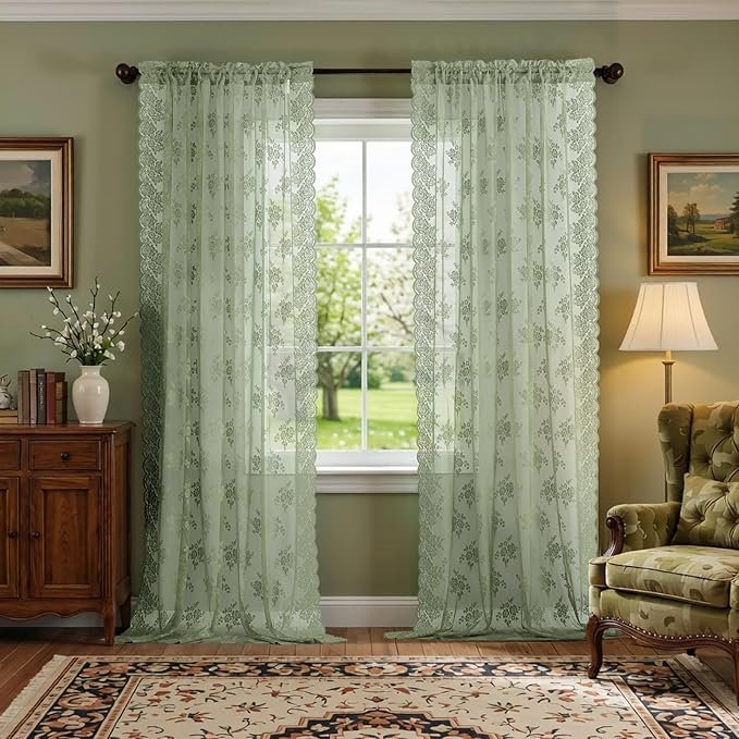 Knitted Rustic Floral Pattern Lace Sheer Curtains