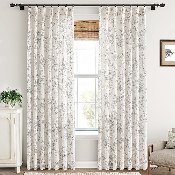 Pinch Pleated Floral Linen Curtains