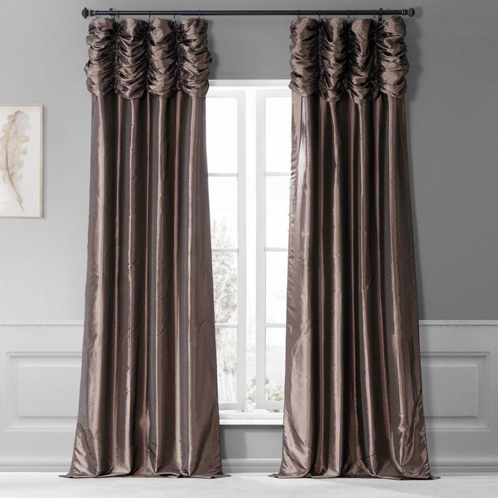 Ruched Solid Faux Silk Taffeta Room Darkening Curtain
