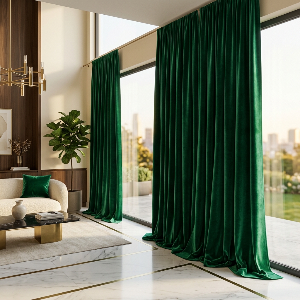 Luxury emerald green velvet curtains in a modern living room featuring premium plush velvet fabric