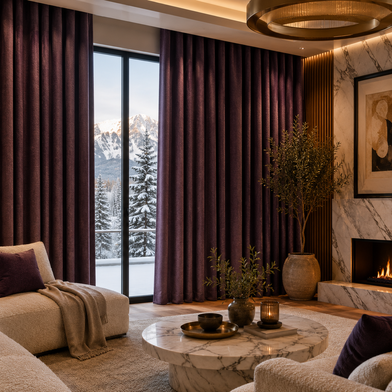 Luxury rich aubergine purple thermal curtains with premium insulated fabric in a modern contemporary living room