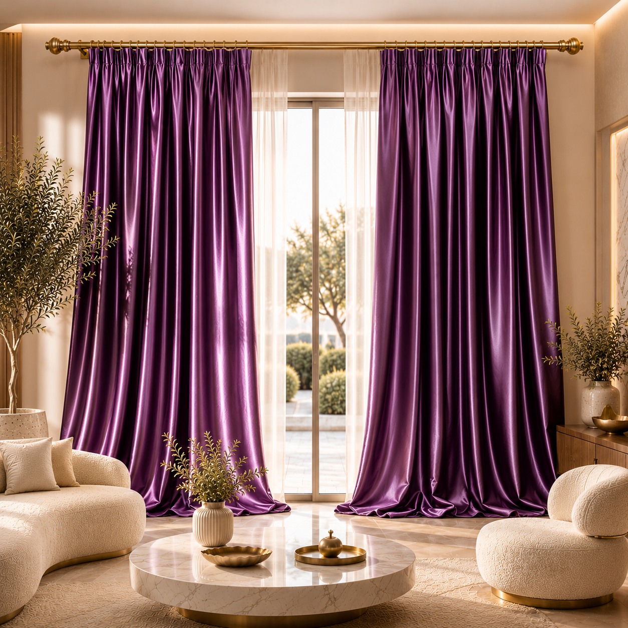 Luxury royal amethyst purple silk curtains in a modern villa living room featuring premium floor-to-ceiling natural silk fabric drapes