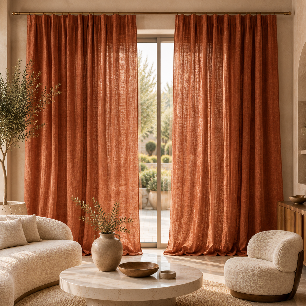 Luxury terracotta clay linen curtains in a modern villa living room featuring premium European linen floor-to-ceiling drapes