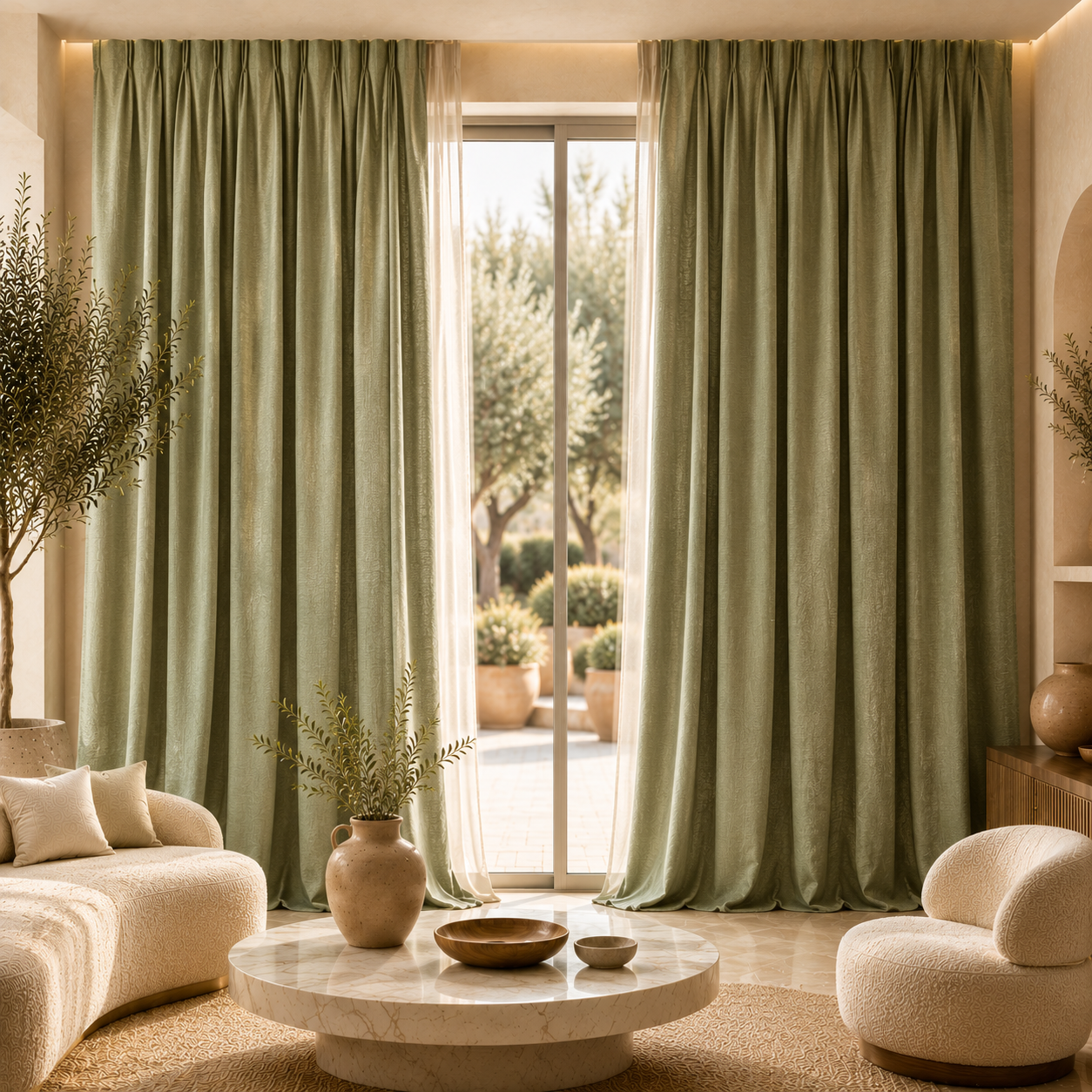 Luxury sage green cotton curtains in a modern villa living room featuring premium natural cotton floor-to-ceiling drapes