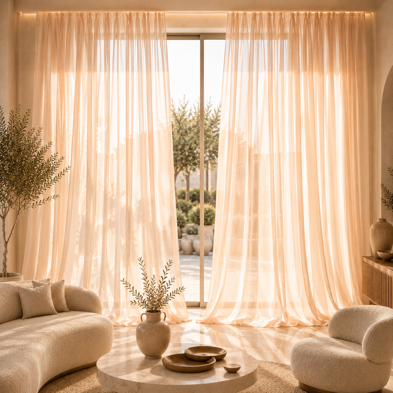 Luxury champagne blush chiffon curtains in a modern villa living room featuring premium semi-transparent floor-to-ceiling fabric drapes