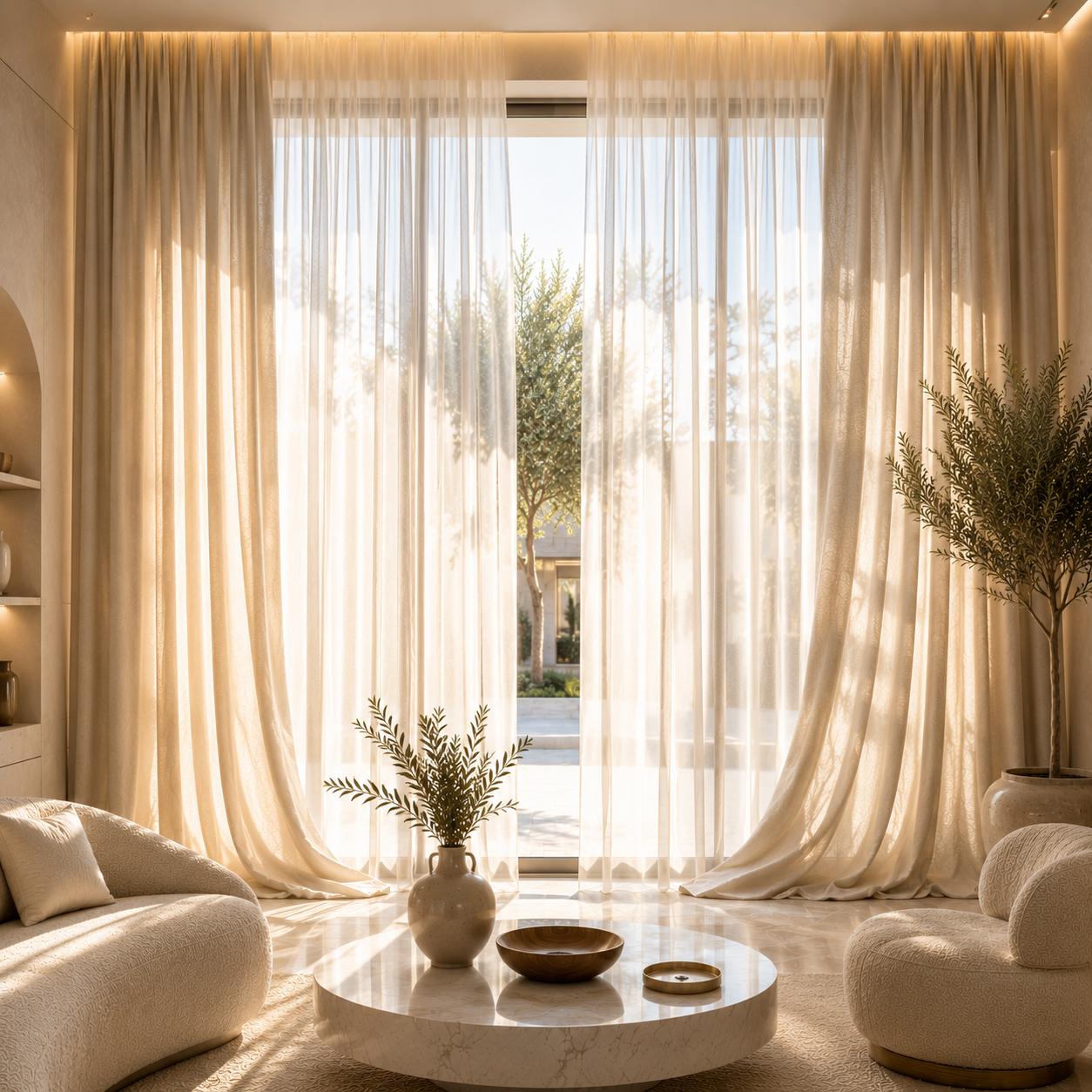 Luxury pearl ivory sheer curtains in a modern villa living room featuring premium semi-transparent floor-to-ceiling voile fabric